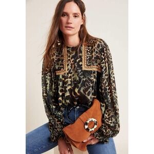 Anthropologie BL-nk NYC Miranda Joelle Leopard Print Blouse Embroidered Sz M